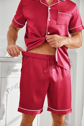 Vssjavun Mens Satin Silk Pajamas Sets Short Sleeve Button-Down Sleepwear Two Piece Loungewear with Pockets