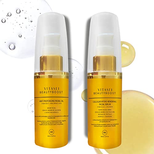 Vitasei AM + PM Beauty Boost 抗衰老日间面部精华液和保湿夜间面部精华液,含干细胞,透明质酸,胶原蛋白,保湿面部油保湿霜,30毫升 + 30毫升