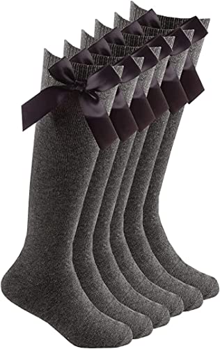 COSHAL® 3 pares de calcetines de algodón para niñas con lazo de cintas esponjosas, calcetines de regreso a clases, uniforme de fiesta, calcetines largos para niñas, calcetines largos con lazo para la