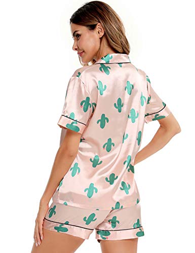 Image of SWOMOG Womens Silk Satin Pajamas Set Short Sleeve Sleepwear Button Down Top and Shorts Loungewear 2 Piece Pjs Set XS-3XL