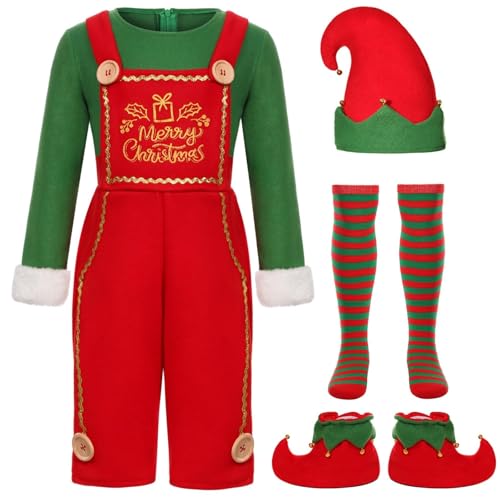 Disfraz de duende de Navidad para niños Costome de Elfo Noel para niñas y niños Cosplay ropa con camiseta, sombrero, pantalón conjunto completo con gorro, verde, 5-6 Años