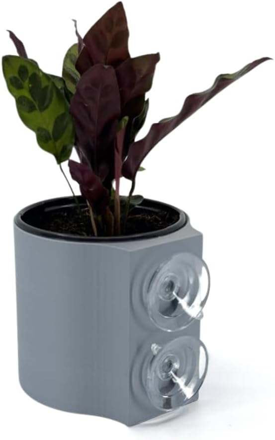 | The Original Suction Planter | Hangs on Tile, Window, Drywall, Fridge, etc. | Self-Watering and draining | Holds 4" Nursery Pot | 3D Printed (Fossil Grey, Single)