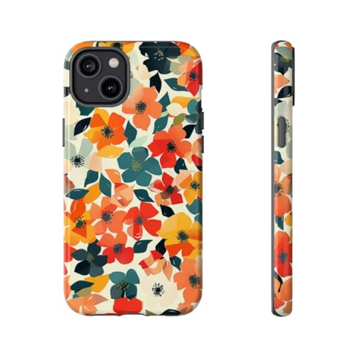 Coque rigide iPhone 14 Plus finition brillante design géométrique floral orange chic