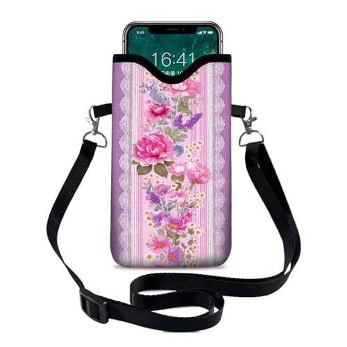 Image of Neoprene Cell Phone Sleeve Pouch Case Bag with Crossbody Strap Neck Lanyard for Women 7.1 X 3.9 in Pink Flower Wall