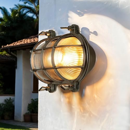 Licht-Erlebnisse Außenwandleuchte Glas Messing in Nickel IP64 rostfreie Schiffslampe Außen Haus Haustür Terrasse