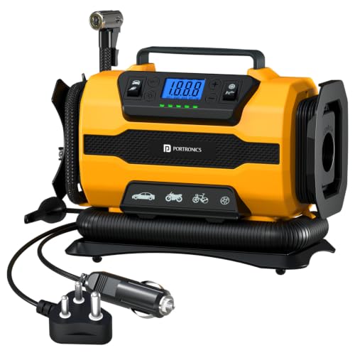 Image of Portronics Vayu Hybrid 4-in-1 Corded Air Pump, 150 PSI, AC & 12V DC Power Input, Inflate & Deflate Function, Dual Motors, Auto Shut-Off, LED Light with SOS, Digital Display