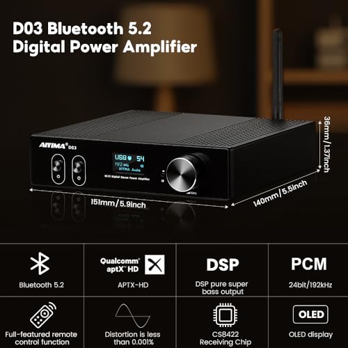 Image of AIYIMA D03 Bluetooth 5.0 Power Amplifier 150 Watt x 2 Stereo HiFi 2.1 CH Digital Sound Amplificador 24Bit /192kHz Class D Amp USB DAC Coaxial Optical OLED AptX, Support Subwoofer & with Remote (D03)