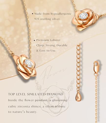 Rose Flower Necklace Gold Plated Sterling Silver Pendant Jewelry for Women, Hypoallergenic & Nickel Free3