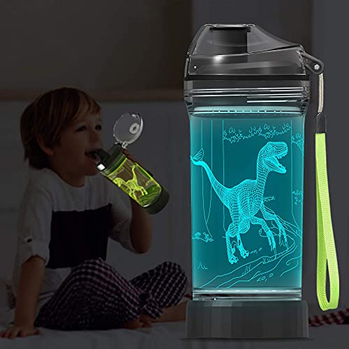 Light Up Dinosaur Water Bottle With Color Changing Night Light- 14 Oz Tritan Bpa Free Eco-Friendly - Cute Velociraptor Kids Drinking Cups Gift For School Boy Girl Child Christmas Holiday #TOP1