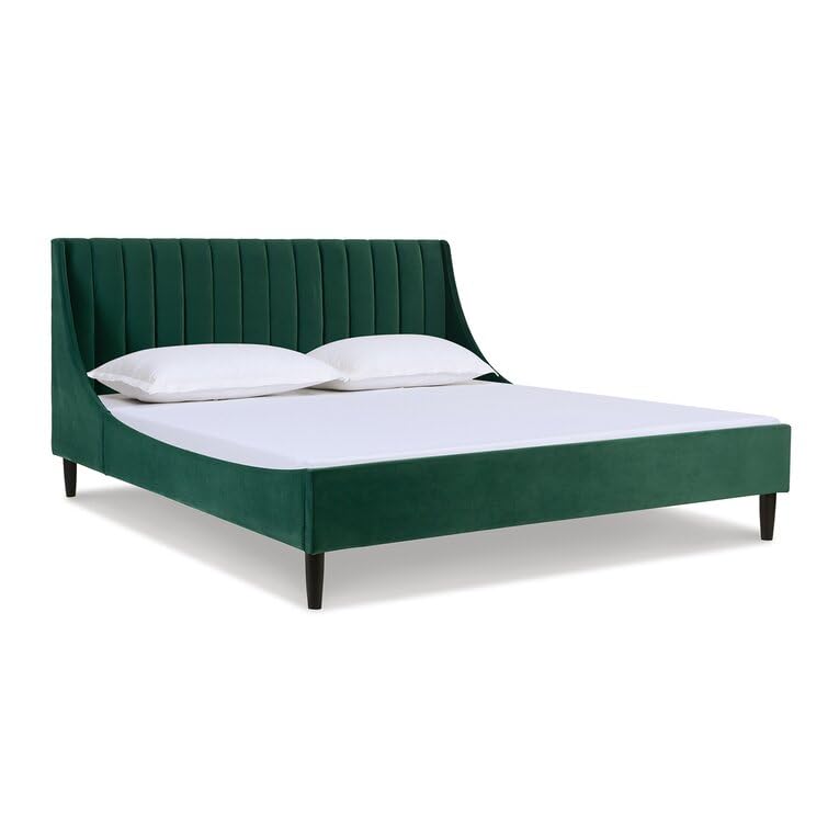 Image of HITHOS Solid Wood Modern Upholstered King Size Bed with Wingback Headboard | Wooden Double Bed Cot Palang Without Storage (Evergreen) 1 Year Warranty