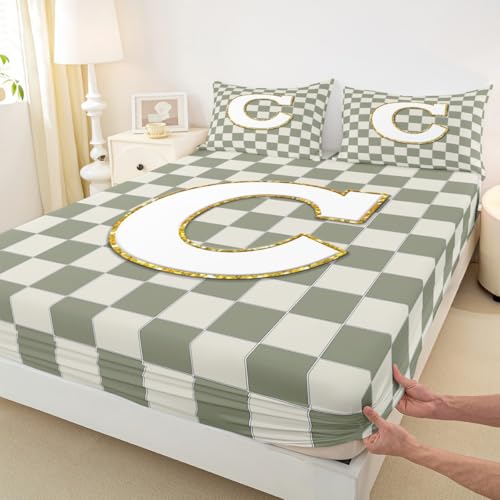 Image of Erosebridal Sage Green Checkered Bedding Set Queen Plaid Initial C Bed Sheets Personalized Monogram Sheet Set Kids Boys Girls,Fashion Grids Gingham Fitted Top Sheets 4 Piece