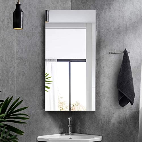 OFCASA 1 Door Bathroom Mirror Cabinet Corner Curved Wall Mounted Cabinet with 2 Tiers Shelves for Bathroom Shower Room