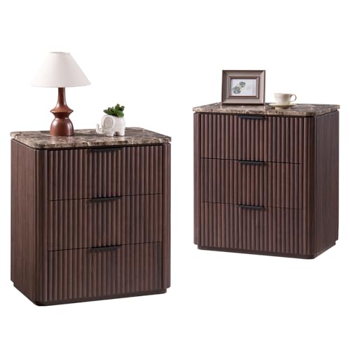 Image of Fluted Nightstand Set of 2, 23 inch W Night Stand with 3 Drawers, Wood Bed Side Table with Faux Marble-Top, Curved Corner, Metal Handle, Modern Bedside Table for Bedroom, Living Room, Office, Dark Oak