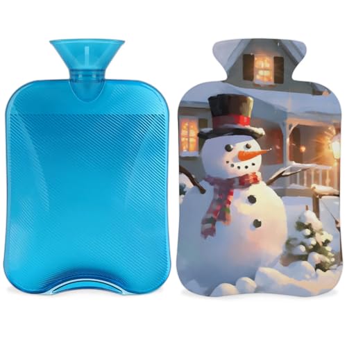 Hot Water Bottle with Soft Cover,2L Watercolor Snowman Hot Water Bag for Hot and Cold Compress, Hand Feet Warmer, Retro Snowman Rubber Hot or Cold Water Bottle Halloween Christmas Decorations