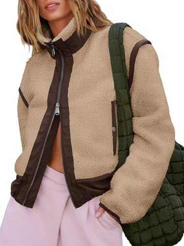 Tankaneo Womens Cropped Zip Up Fleece Jacket Stand Collar Fuzzy