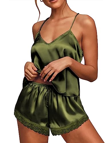 Image of Ekouaer Sexy Lingerie for Women Satin Pajama Sets Lace Cami Short Pj Sets | Soft and Comfortable Fabric,Fitted,V Neck,Adjustable Spaghetti Straps,Lace edge,for Sleepwear,Casual,Vacation