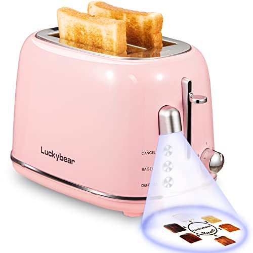 Toaster 2 Slice, Luckybear Projection Stainless Steel Toasters with Bagel, Cancel, Defrost Function and 6 Bread Shade Settings Bread Toaster with Ambient Light, Removable Crumb Tray
