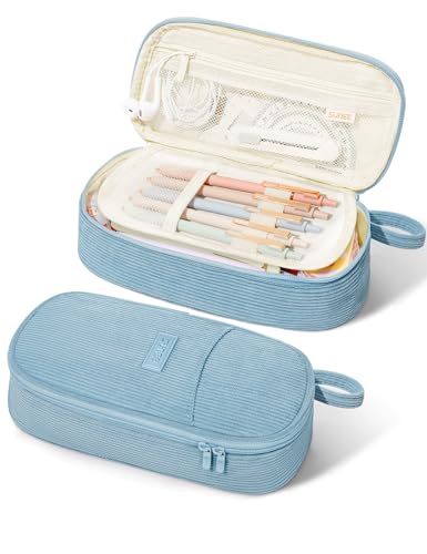 Image of SUNEE Cute Pencil Case, Large Pencil Pouch, Aesthetic Big Pencil Bag with Zipper, Kawaii Stationery Storage and Organizer, School Supplies for Teen and Adult, Boys&Girls, Soft Corduroy Grey Blue
