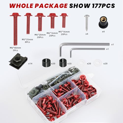 Image of 177Pcs Motorcycle Fairing Bolt Kit Red, M5 M6 Stainless Steel