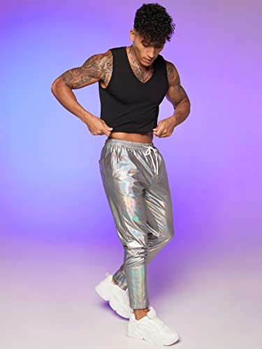 WDIRARA Men's Metallic Drawstring Waist Holographic Party Club Pants with Pockets4