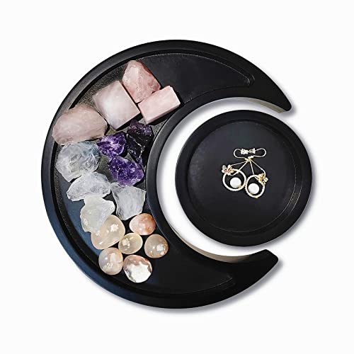 DRELIFAM Moon Tray Wood Crystal Holder For Healing Stones Crystal Storage And Organizer Crescent Bowl Witchy Essential Oil Holder