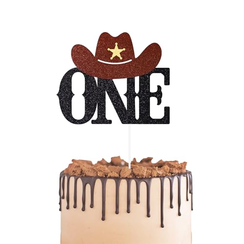 Gexolenu 1 decoración para tarta de primer cumpleaños de vaquero con purpurina marrón y negro, una selección de pastel para temática occidental, baby shower, decoración de pastel de primer cumpleaños,