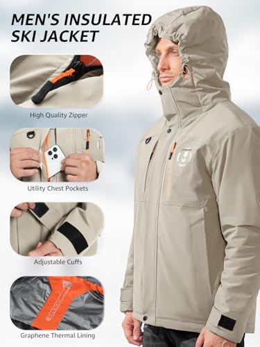Image of Men's Thermal Waterproof Windproof Jacket Hooded Insulated, Lightweight Winter Snow Coat with Multiple Pockets