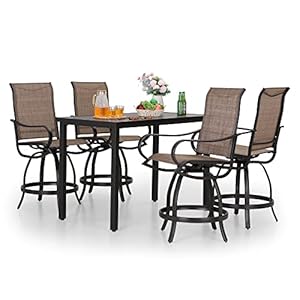PHI VILLA 5 PCS Outdoor Bar Set Counter Height Swivel Chair with Rectangle Metal Table Textilene Fabric and Quick Drying WaterproofHigh Patio Set for Garden Yard Poolside