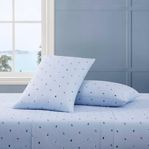 Image of Tommy Hilfiger - King Size Sheet Set, Soft Cotton Percale Bedding with Crisp Cooling Comfort, Deep Pocket Fitted Sheet with Matching Pillowcases, Americana Decor (Nautical Flag Blue)