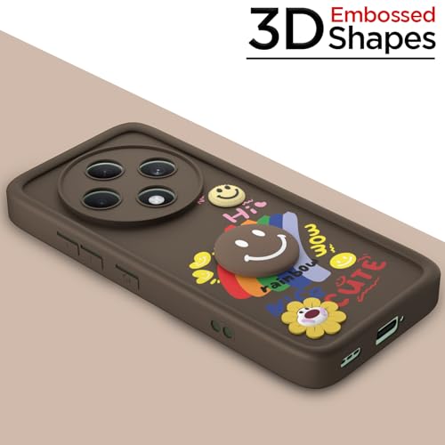 Image of Pikkme Back Cover for Oppo F27 5G | Soft Silicone| Cute Rainbow Smile & 3D Cartoon Flower Design | Shockproof Raised Camera Protection Bumper Case (Brown)