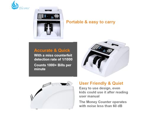 Image of ELCONS Note Counting Machine BANKO-90 | High-Speed Cash Counter 1000 Notes /Min | Fake Note Detection with UV, MG & IR Sensors | Automatic Value Detection | LED Display & Batch Counting (White)