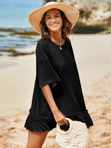 Tankaneo Womens Peplum Oversized Tshirt Summer Casual Pleated Shirt Dress Crew Neck Flowy Beach Tunic Tops3