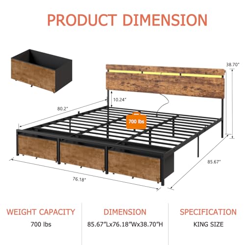 Image of Forestell King Size Bed Frame with Wood Headboard, Metal Platform Bed with 3 Storage Drawers & Shelf, Built-in Charging Station & LED Lights, No Box Spring Needed, Vintage Brown, Camas King