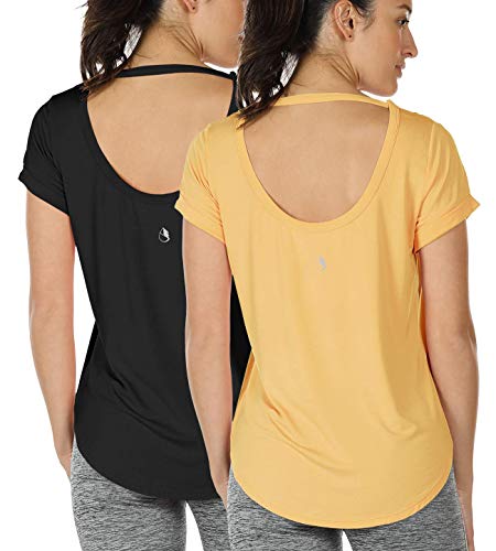 Image of icyzone Open Back Yoga Shirts for Women - Exercise Workout Tops, Athletic Short Sleeves, Running T-Shirts Loose Fit