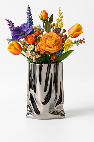 Vase en céramique chromée liquide – Design de sac en papier froissé, vase décoratif moderne pour arrangements floraux, fleurs artificielles ou fraîches,...