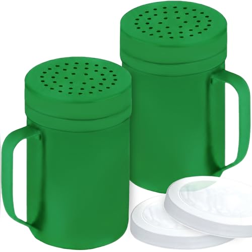 Image of CUSINIUM 14oz Forest Green Stainless Steel Salt Pepper Dredge Shakers - With Plastic Cap - With Handle - Pack of 2
