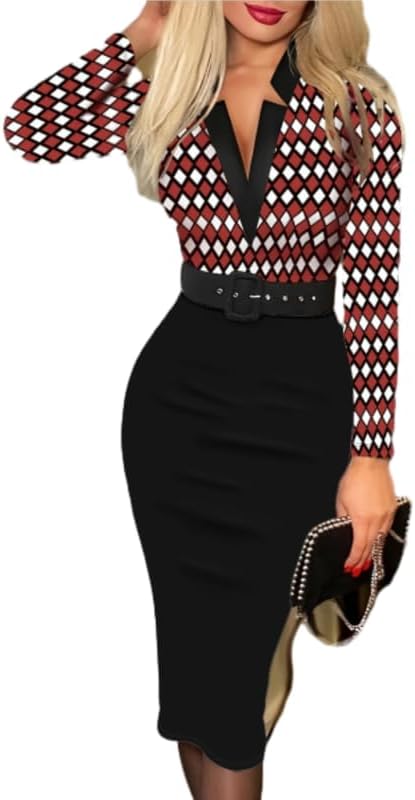 OSCORP Women’s Collared Long Sleeve Bodycon Midi Dress with Detachable Belt – Printed Office, Party & Evening Daily Dress