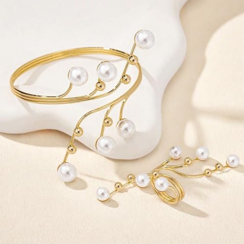 Statement Pearl Cluster Gold Rings Bracelet for Women Trendy Pearls Beads Wrap Silver Open Finger Ring Vintage Bracelets Dainty Y2K Party Jewelry Gift4