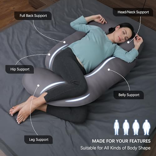 Image of MOON PARK Pregnancy Pillows for Sleeping - U Shaped Full Body Maternity Pillow with Removable Cover - Support for Back, Legs, Belly, Hips - 57 Inch - Dark Grey - Cooling Cover