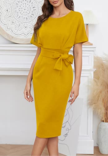 Yacun Women Batwing Sleeve Bodycon Work Dresses High Waist Business Casual Office Pencil Dress With Belt Yellow S #TOP4