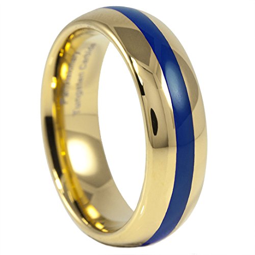 Panvisionary Men's Thin Blue Line Tungsten Carbide Ring Gold IP and Blue Epoxy 6mm Dome Comfort Fit 10.5