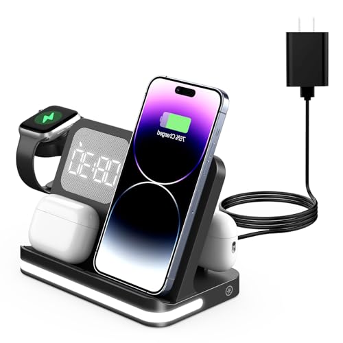 7 in 1 Wireless Charging Station Compatible with Apple Multiple Devices iPhone, AirPods, and Apple Watch - Phone Wireless Charger Fast Charging with Night Lamp and Clock(Black)