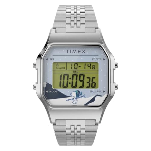 Montre Timex T80 Snoopy Ski unisexe rétro avec bracelet argenté 34 mm