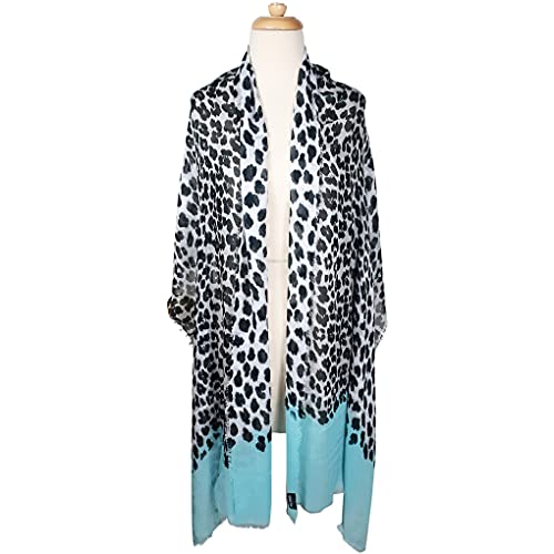 Animal Print Cashmere Silk Scarf in Aqua Blue and Snow 78 x 223