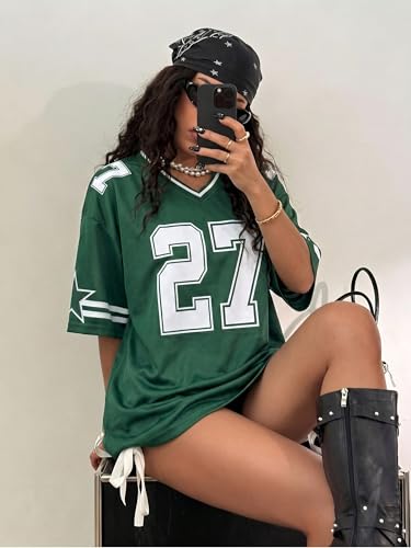 Image of Jersey Shirts for Women Y2k Graphic Tees V Neck Baggy Streetwear Number Oversized T Shirt Summer Tops