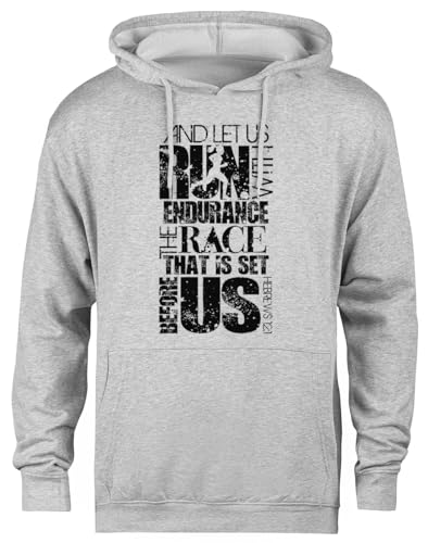 Pull à capuche gris imprimé verset biblique Hebrews 121 Run Race