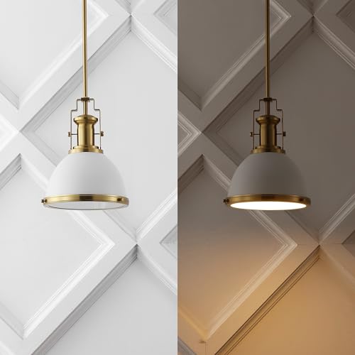 Image of JONATHAN Y Homer Industrial Dome Pendant 10 inch, White /Brass Gold | 1-Light, Farmhouse Style, Adjustable Hanging Height, Glass Diffuser, Sloped Ceiling Compatible, Metal, LED Bulb Included