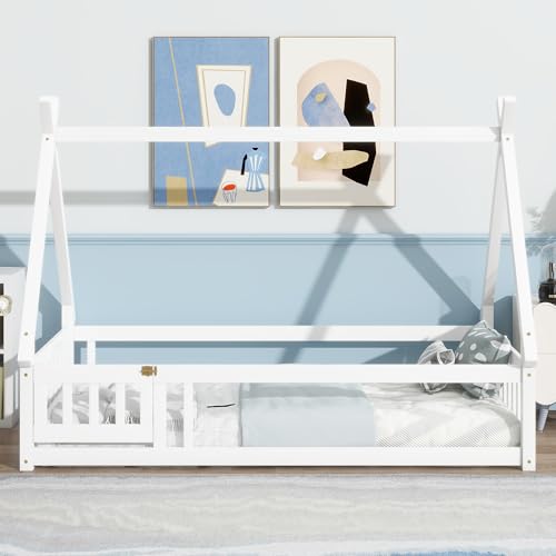 Image of MaiDeHaoo Twin Size Tent Bed Frame with Fence and Door, Tent-Shaped Floor Bed with Wooden Slats Support, White