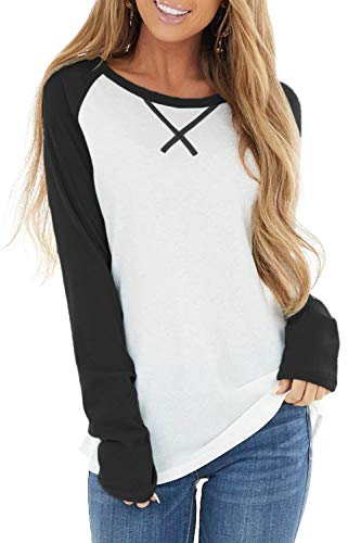 Yanekop Womens Color Block Crewneck Tunic Tops Casual Raglan Long Sleeve Shirt Blouse(Black,L)