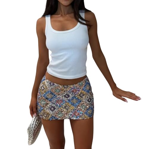 Women Summer Colorful Geometric Pattern Shiny Glitter Sequins Slim Elastic Low Waist Short Mini Bodycon Pencil Skirts